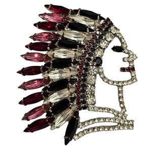 Nancy Katz Tribal Chief Native American Vintage Brooch Rhinestone Pin, Signed